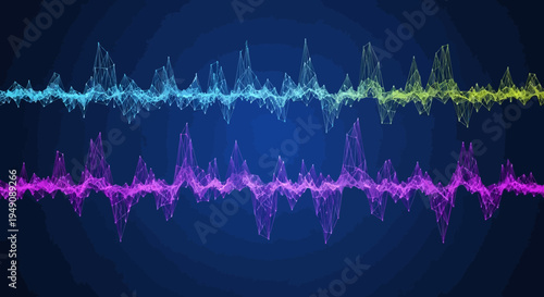 Vibrant sound wave patterns in blue, purple, and yellow hues on dark background.