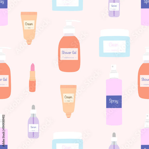 Beauty products for daily routine seamless pattern. Cream, serum, spray, shower gel, cleanser. Skincare Bottles