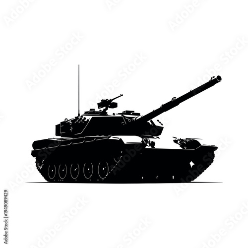 A stark silhouette of a modern main battle tank against a white background