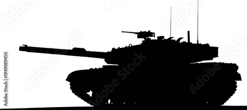 Silhouette of a modern battle tank against a stark white background
