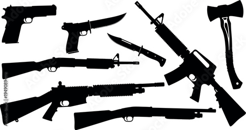 A collection of various firearms and bladed weapons displayed in black silhouette
