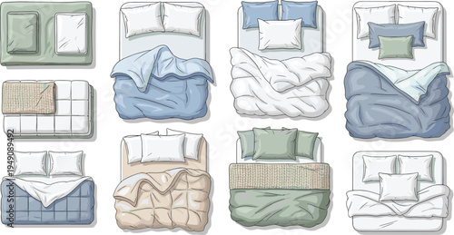 Bed and Bedding Top View Cartoon Vector Set with Pillows, Blankets, Comforters and Cozy Bedroom Sleeping Elements