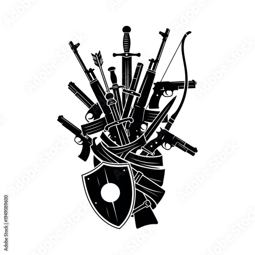 A monochrome illustration depicting a heart shape formed from various weapons