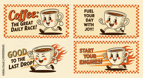 Coffee cup stickers with motivational phrases.