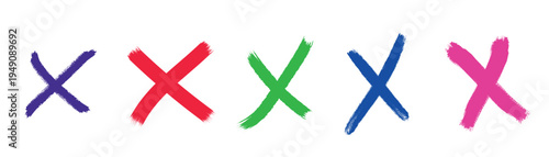 Multicolored brush stroke x marks in purple red green blue pink colors