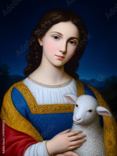 The peaceful portrait of saint agnes of rome with a symbolic lamb companion