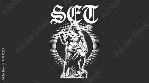 Ancient Egyptian god Set muscular figure with scepter black and white illustration