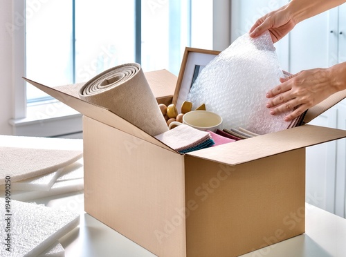 A person's hands carefully placing bubble wrap over household items inside a cardboard box. This image depicts the process of packing belongings, moving to a new home, decluttering, or relocation