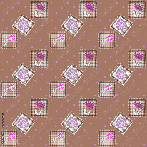  Hand-stitched floral appliques — purple peonies, pink daisies, spiky flowers — on beige checkered patches