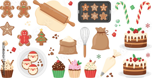 Christmas Baking Vector Set with Gingerbread Cookies, Cupcakes, Cake, Rolling Pin, Dough and Holiday Desserts