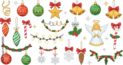 Christmas Decoration Vector Set with Ornaments, Bells, Angel, Garland, Candy Cane, Snowflakes and Festive Holiday Elements