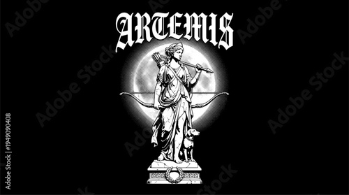 Artemis Greek goddess of the hunt holding bow with dog graphic illustration