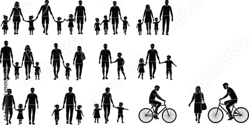 Family silhouettes collection set, parents with children walking cycling icons, happy family activities illustration isolated on white