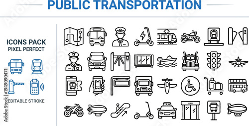 Public Transportation Outline Vector Icon Set — Bus, Train, Metro, Tram, Airplane, Taxi, Scooter, Bicycle, Ship, Editable Stroke Icons