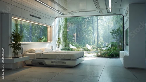 Modern minimalist bedroom design with large windows and nature view