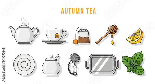 Collection of white and gray teamaking items and flavorings on a white background