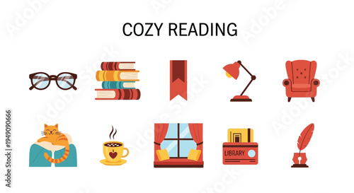 Flat illustration of nine items related to cozy reading arranged in two rows