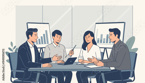 Illustration of a corporate team of four professionals sitting at a conference table in an office, discussing quarterly results with bar charts on flipcharts and using a tablet.