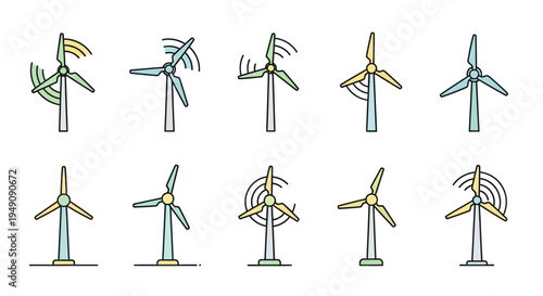 Wind turbines in various stages of motion.