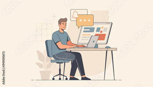 Vector illustration of a male entrepreneur sitting at a desk using a laptop and monitor to manage a business dashboard featuring notification bell and chat bubble icons.