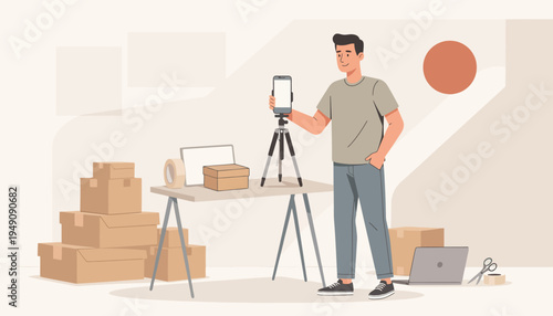 Flat vector illustration of a male small business owner using a smartphone on a tripod to photograph products and packaging boxes in a home office studio for e-commerce shop.