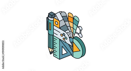 A colorful illustration of a futuristic robotic device with various tools and gadgets.