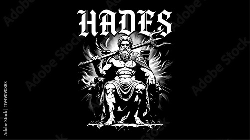 Greek god Hades sitting on throne with Cerberus black and white graphic illustration