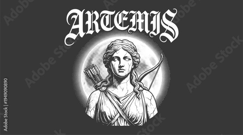 Greek goddess Artemis marble statue bust with bow and arrows vector illustration