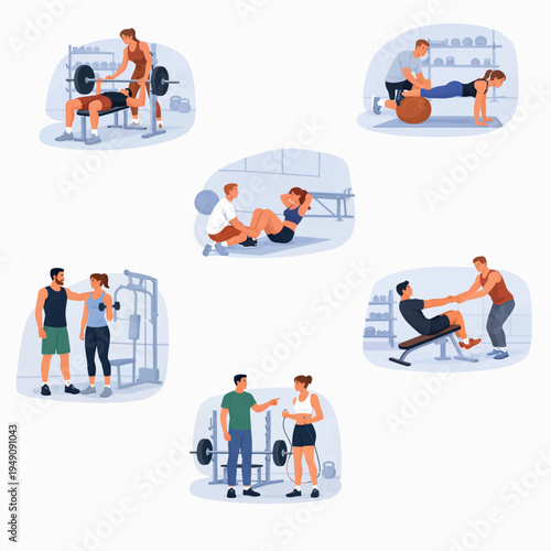 Vector illustration set showing personal trainers working with clients in a gym environment. The collection includes weightlifting with barbell, bench press with spotter, plank exercise with trainer