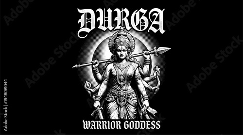 Hindu goddess Durga warrior with multiple arms and weapons stipple art vector illustration