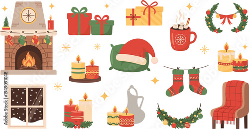 Cozy Christmas Home Interior Vector Set with Fireplace, Candles, Gifts, Wreath, Stockings and Holiday Decorations