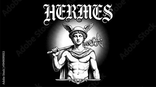 Hermes Greek god holding caduceus staff vintage woodcut streetwear illustration