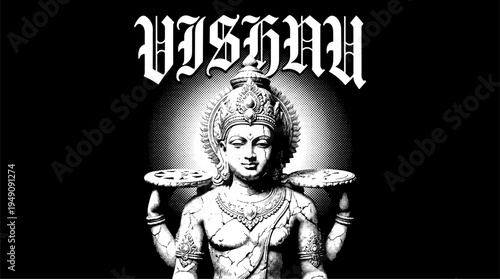 Lord Vishnu Hindu deity statue halftone texture gothic typography vector illustration