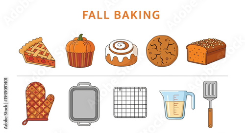 Illustration of baked goods and baking tools arranged in two rows
