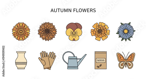Illustration of five autumn flowers and five gardening icons in two rows
