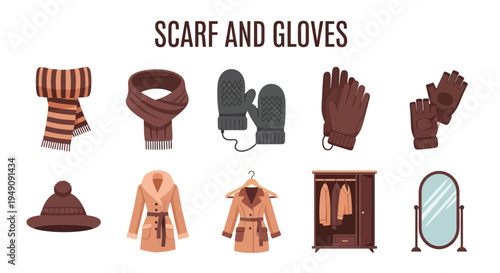 Collection of winter apparel icons including scarves hats gloves coats a wardrobe and a mirror