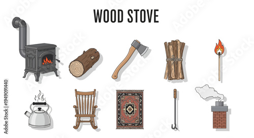 Illustration of a wood stove and related items stove log axe kindling match kettle chair rug poker and chimney