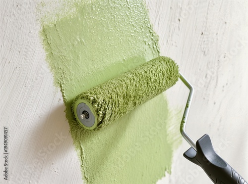 A close-up shot of a paint roller applying a fresh coat of light green color onto a white textured wall. The image depicts the process of home renovation, interior design, and wall decoration. Sharp