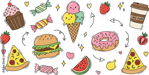 Cute Fast Food and Dessert Doodle Vector Set with Burger, Pizza, Donut, Ice Cream, Candy and Coffee