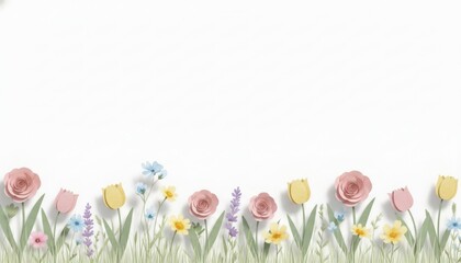 A colorful arrangement of flowers and grass on a white background for a spring or summer themed design or decoration