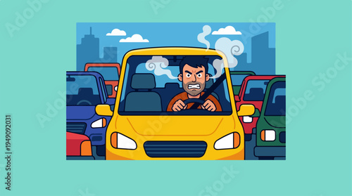 Angry driver stuck in traffic jam with smoke from car.