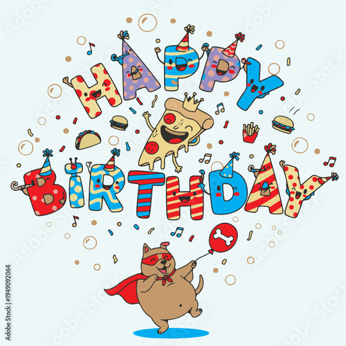 Happy Birthday celebration illustration with cute character and party elements