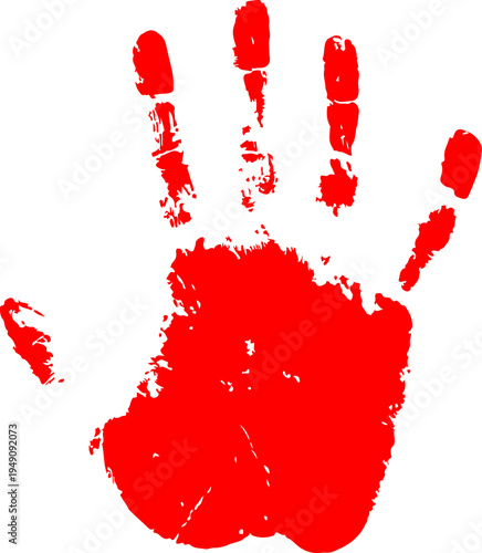 Grungy red human handprint a textured palm symbol isolated on a white background ideal for warning stop crime or identity concepts