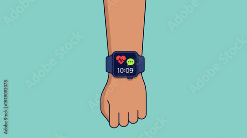 Arm wearing a smartwatch displaying health metrics and notifications.