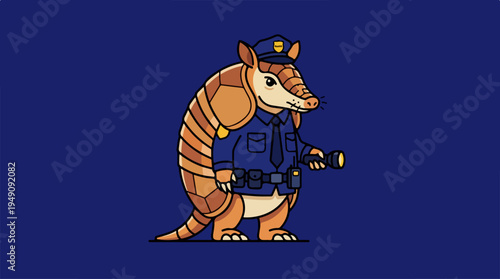 Armadillo police officer holding a flashlight in a dark blue background.