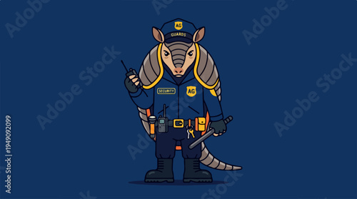 Armadillo Police Officer Standing Guard with Baton and Radio.