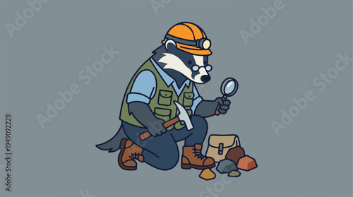 Badger Geologist Examining Rocks with Magnifying Glass.