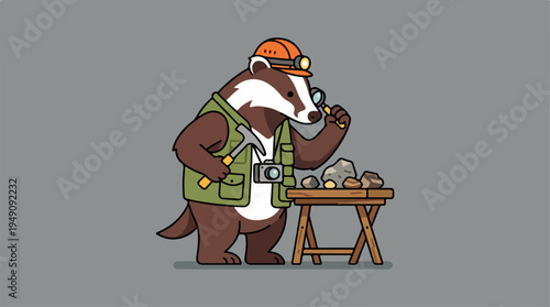 Badger geologist examining rocks with magnifying glass.