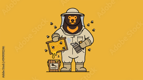 Bear Beekeeper Harvesting Honey from Hive with Bees.