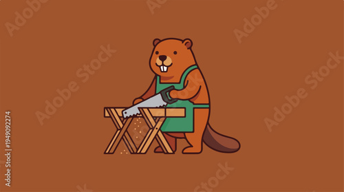 Beaver Carpenter Sawing Wood on Sawhorse.